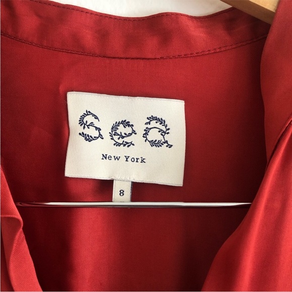 Sea New York Button Front Tie Waist Satin Rust Midi Red Dress 8 - Picture 5 of 7